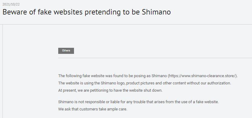 2021 Shimano fake website warning - 1
