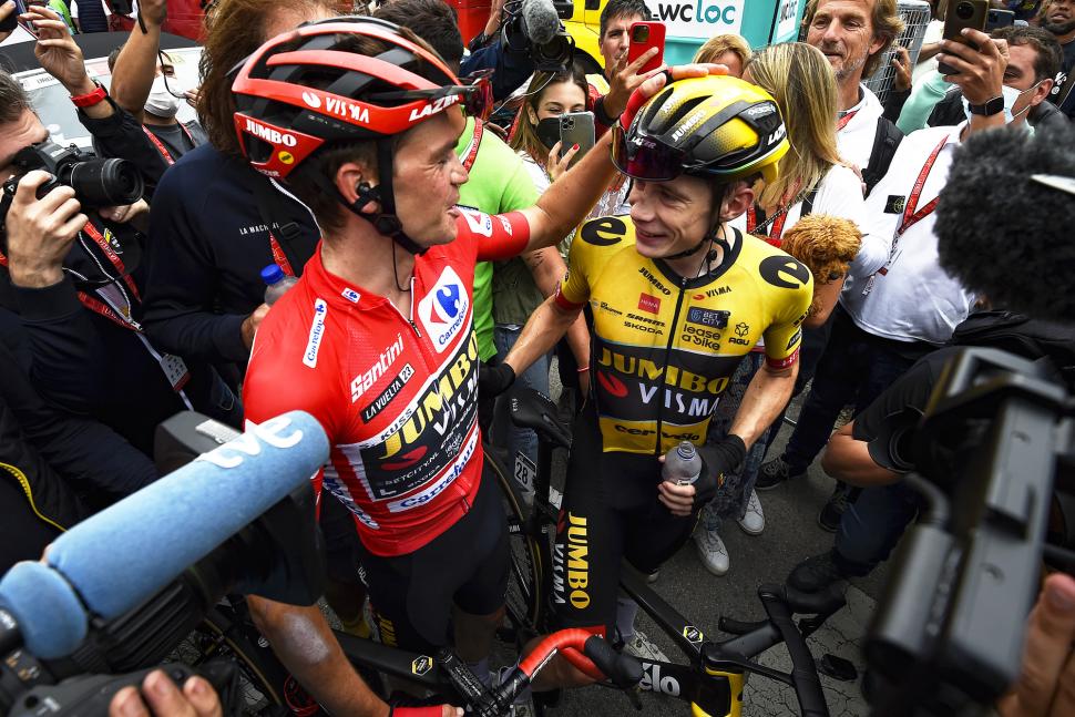 Sepp Kuss and Jonas Vingegaard celebrate after stage 20 of the 2023 Vuelta a España (Tommaso Pelagalli/SprintCyclingAgency)