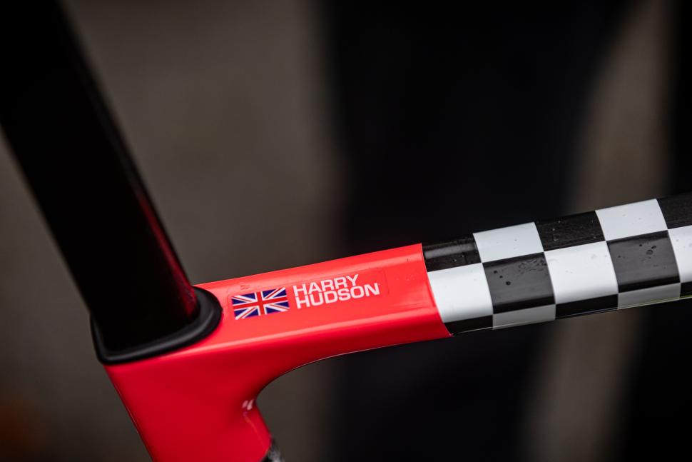 2025 National Hill Climb Championships - Harry Hudson name badge on top tube