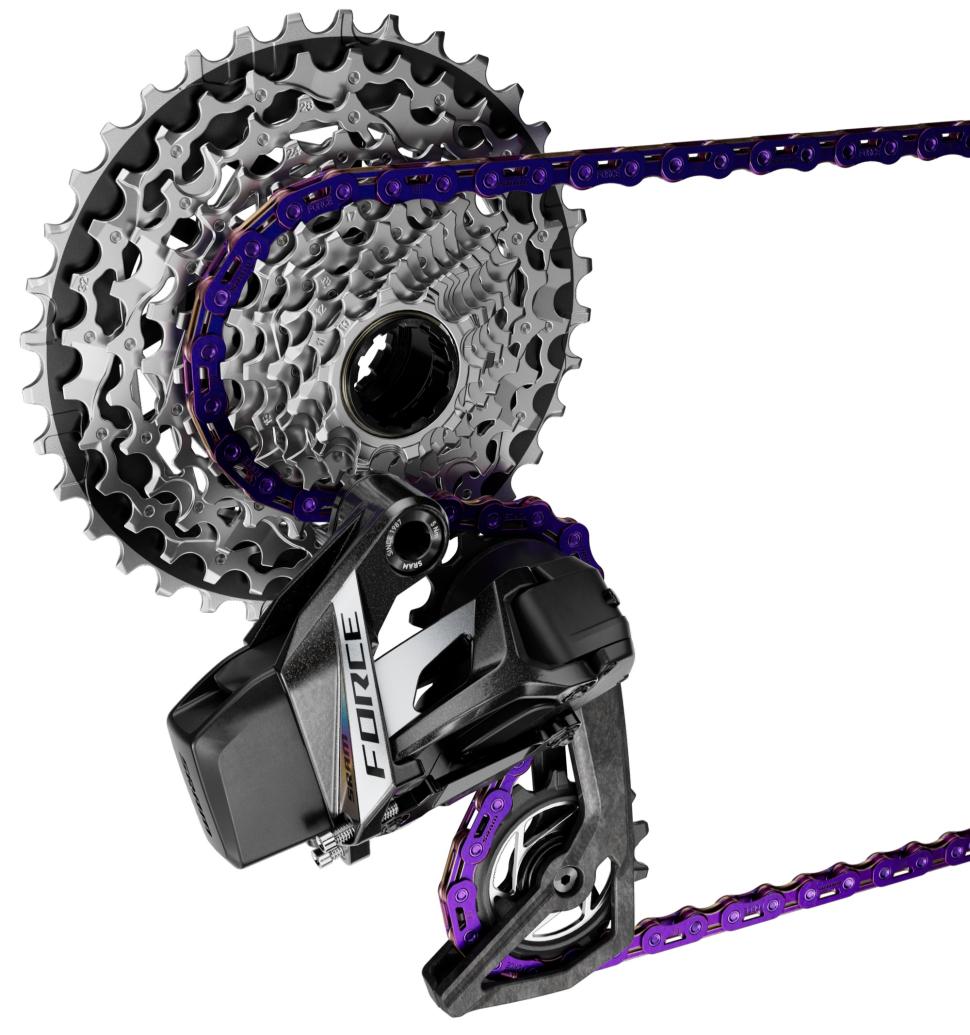 2025 SRAM Force AXS rear derailleur cassette purple chain