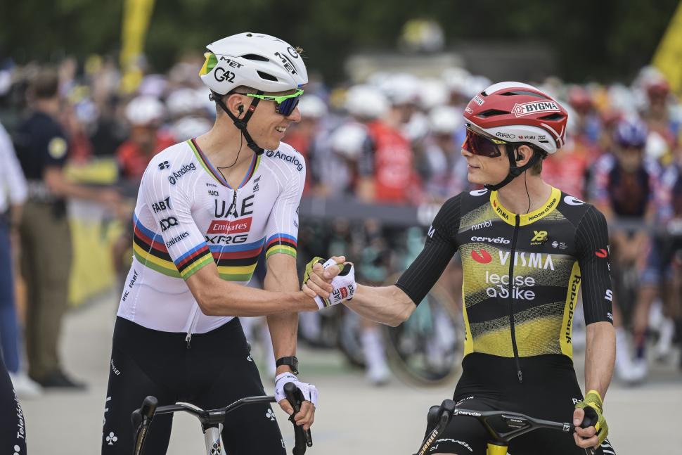 Tadej Pogačar and Jonas Vingegaard before stage 1, 2025 Tour de France