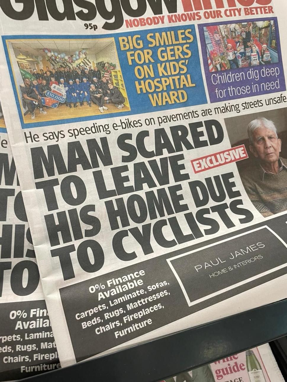 Glasgow Times 'Man scared to leave his home due to cyclists' headline