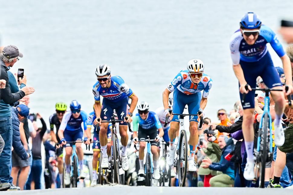 Stevie Williams, Julian Alaphilippe, and Oscar Onley, stage two, 2024 Tour of Britain (Allan McKenzie/SWpix.com)