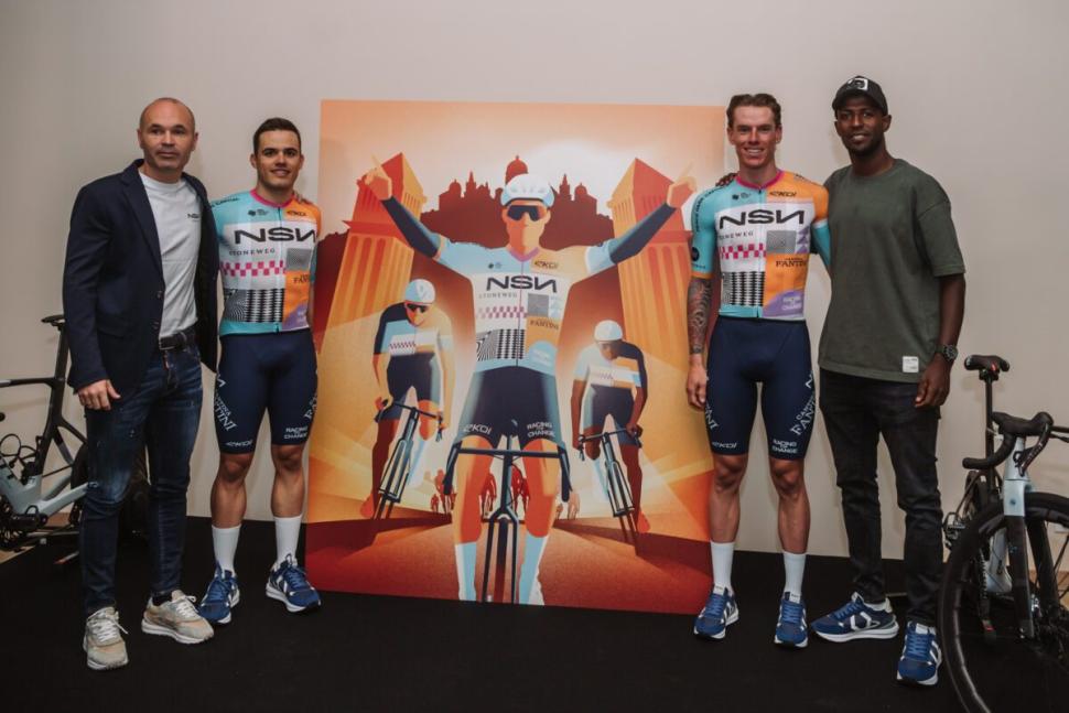 Andres Iniesta, Biniam Girmay, Jake Stewart, and Pau Martí, NSN launch