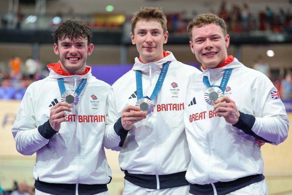 Team GB’s Jack Carlin, Hamish Turnbull, and Ed Lowe win silver in team sprint, 2024 Paris Olympics (Alex Whitehead/SWpix.com)