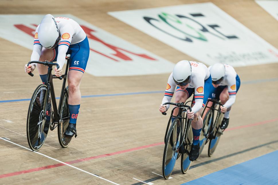 Lauren Bell, Emma Finucane, and Katy Marchant of Great Britain in action during the Women&rsquo;s Team Sprint final, 2023 European Track Championships (Alex Whitehead/SWpix.com)