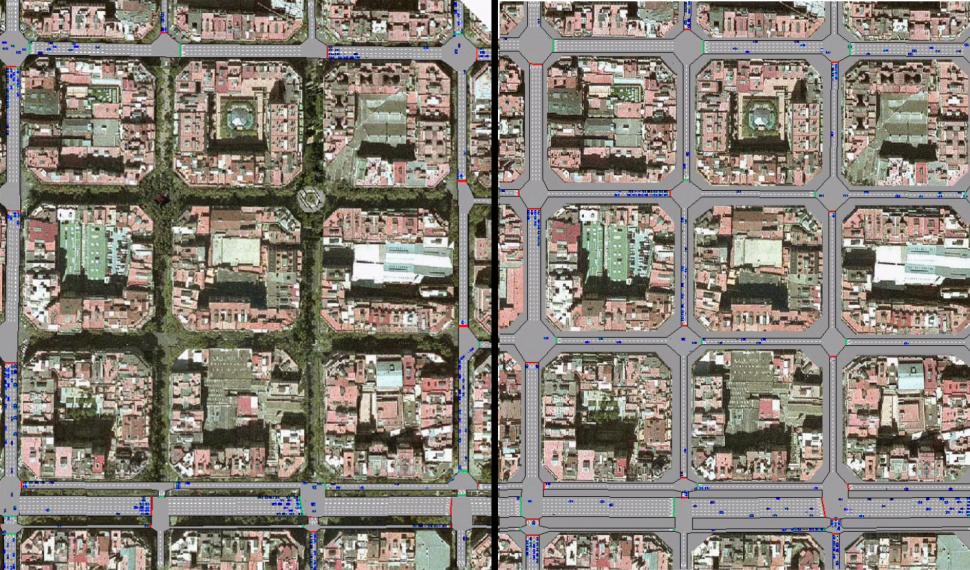 Barcelona roads on the right - Proposed superblocks on the left - images via BCNecologia.jpg