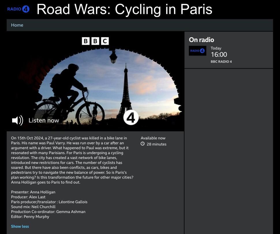 BBC Radio 4 show, "Road Wars: Cycling in Paris"
