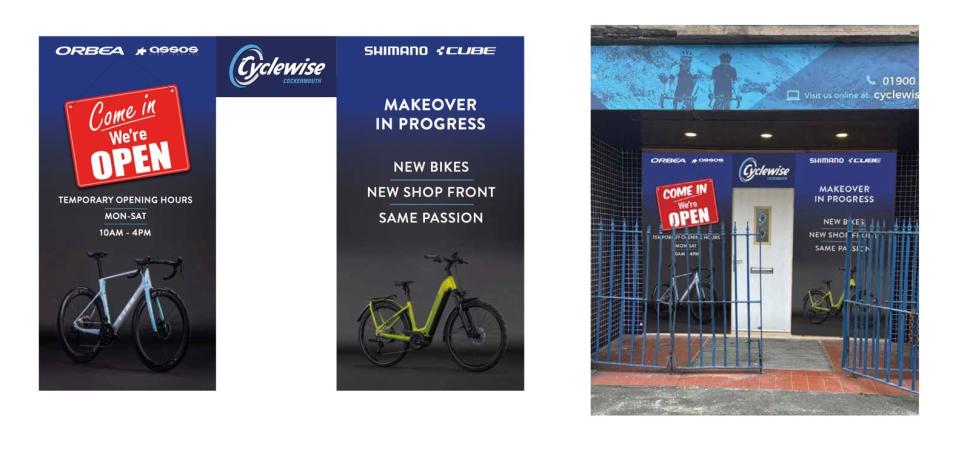 Cyclewise bike shop temporary shop front, Cockermouth