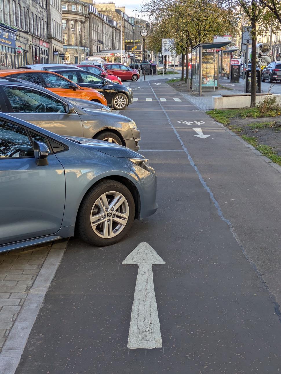 Cars parked on Leith Walk cycle lane
