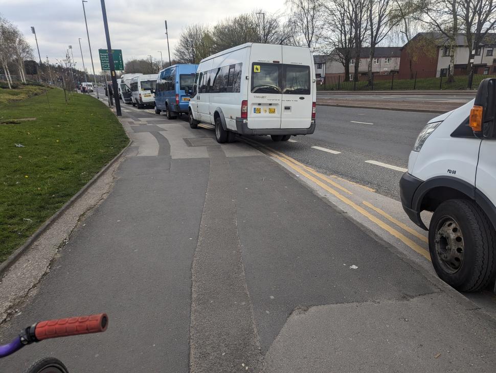 Vehicles blocking cycle lane outside Etihad Stadium on Manchester City matchdays (Martin Degnan)