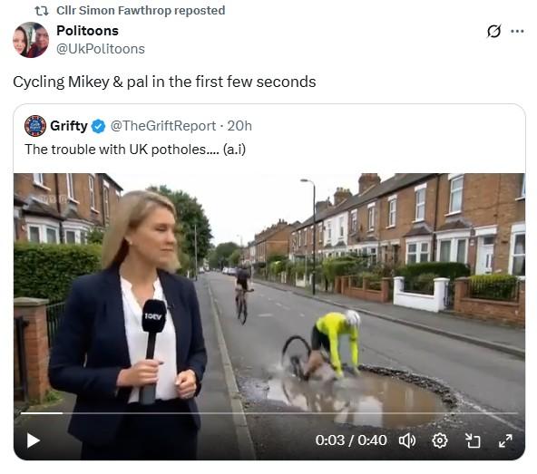 Conservative councillor shares AI video of cyclists falling into pothole