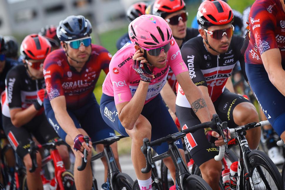 Alessandro De Marchi wears the maglia rosa riding for Israel-Premier Tech