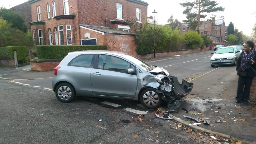 Crashed car in Withington, Manchester (image supplied by Love Withington Streets)