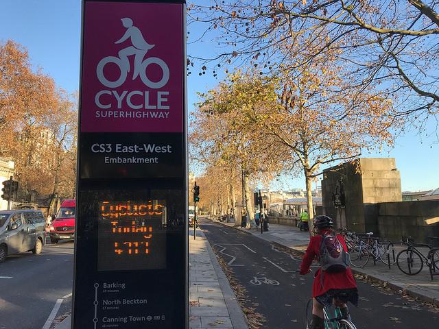 Cycle Superhighway at Embankment (licensed CC BY 2.0 by Matt Brown on Flickr)