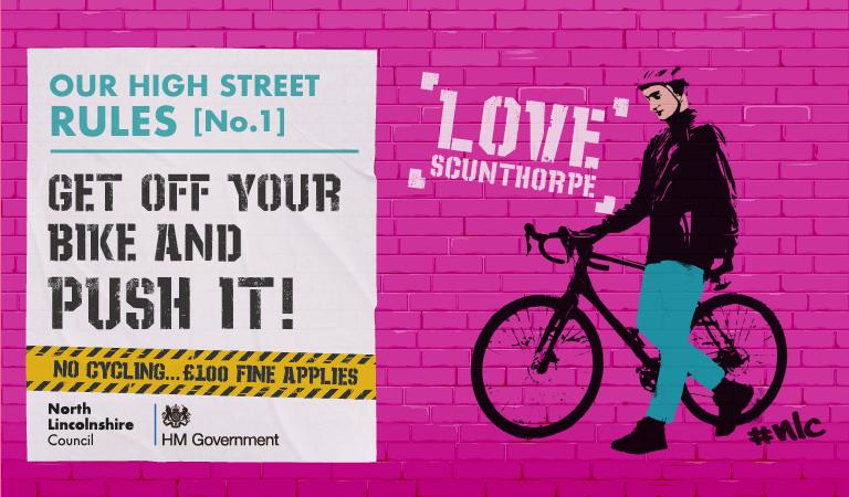 Cycling ban poster in Brigg and Scunthorpe (North Lincolnshire Council)