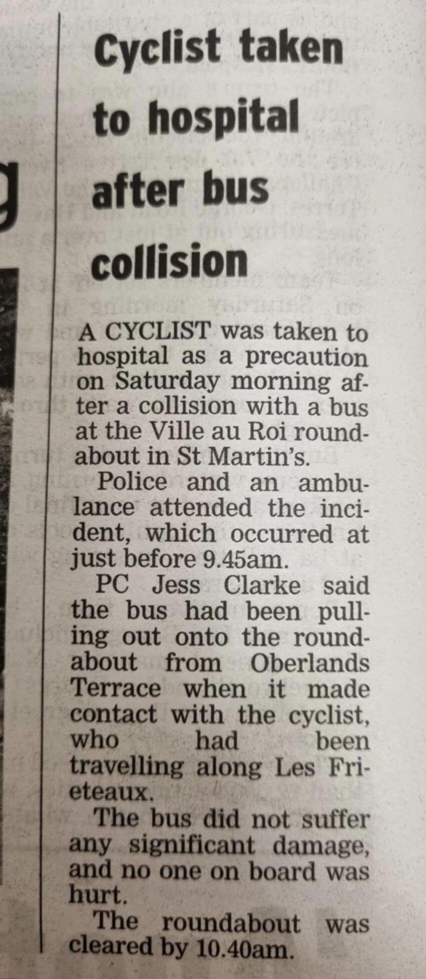 Cyclist and bus driver collision report (Guernsey Press)