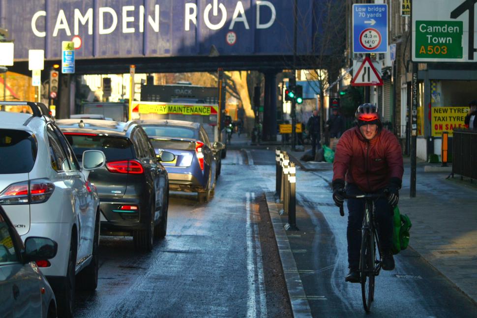 Cyclist in London Camden cycle lane