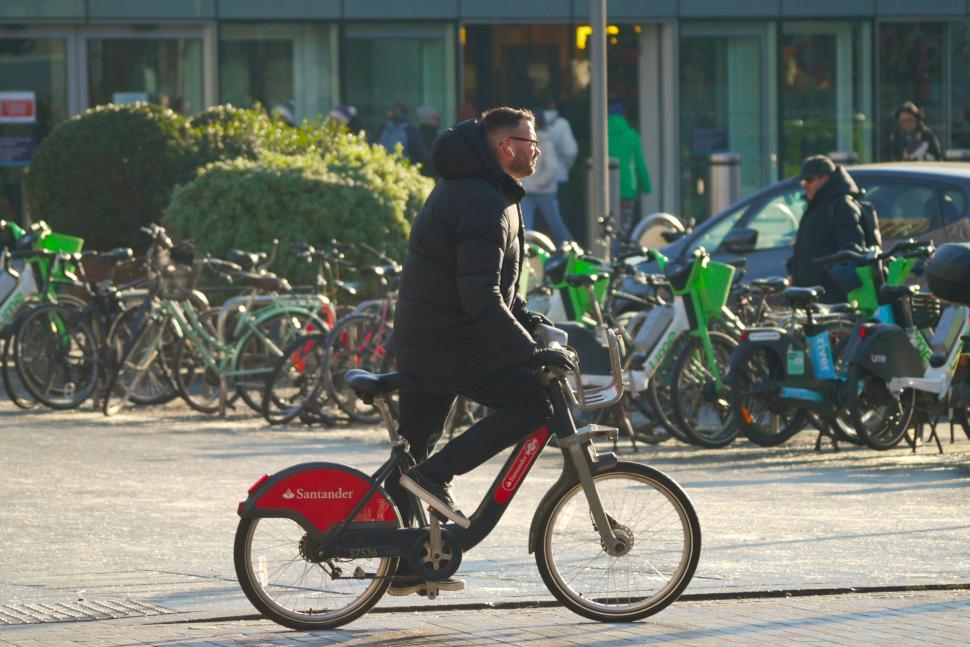 Cyclist in London santander cycles hire bike - copyright Simon MacMichael