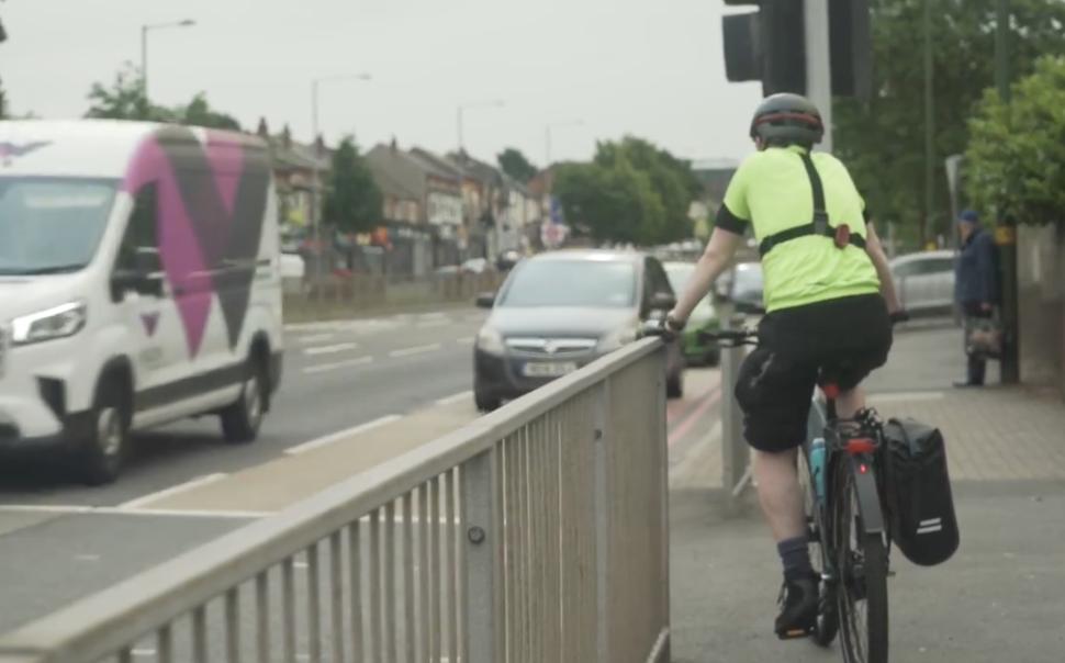Cyclist waiting to cross junction, Birmingham (credit: Better Streets for Birmingham)