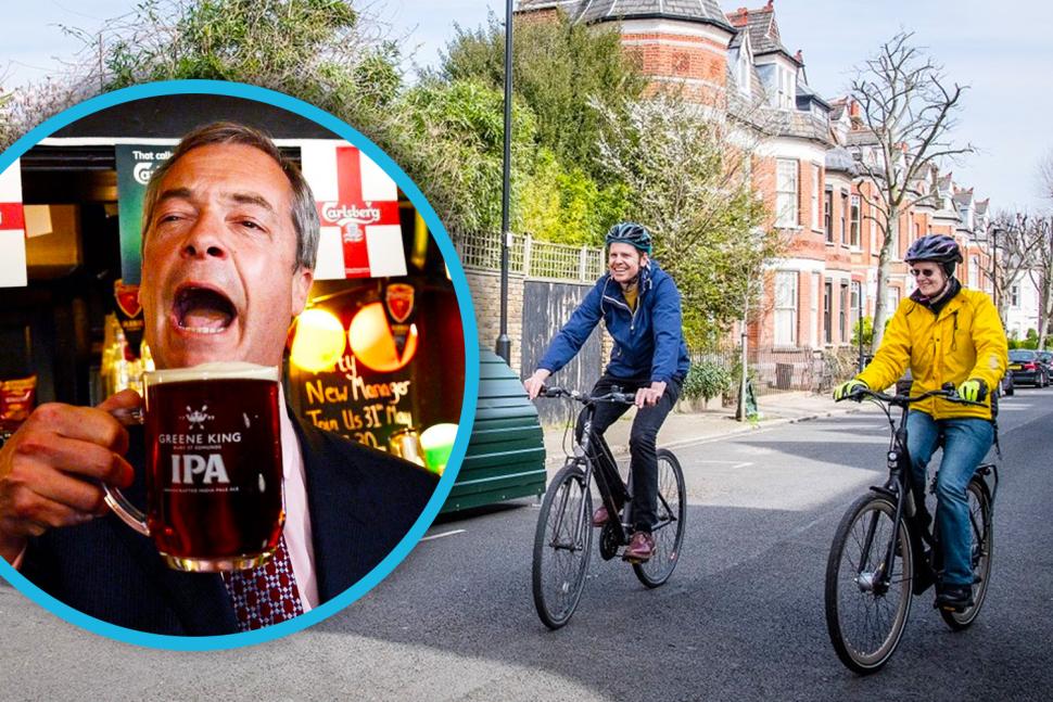 Cyclists in Islington with Nigel Farage and a pint