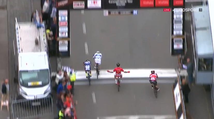 Dan McLay wins as Anthony Turgis (centre) clebrates too early (Eurosport video still).PNG