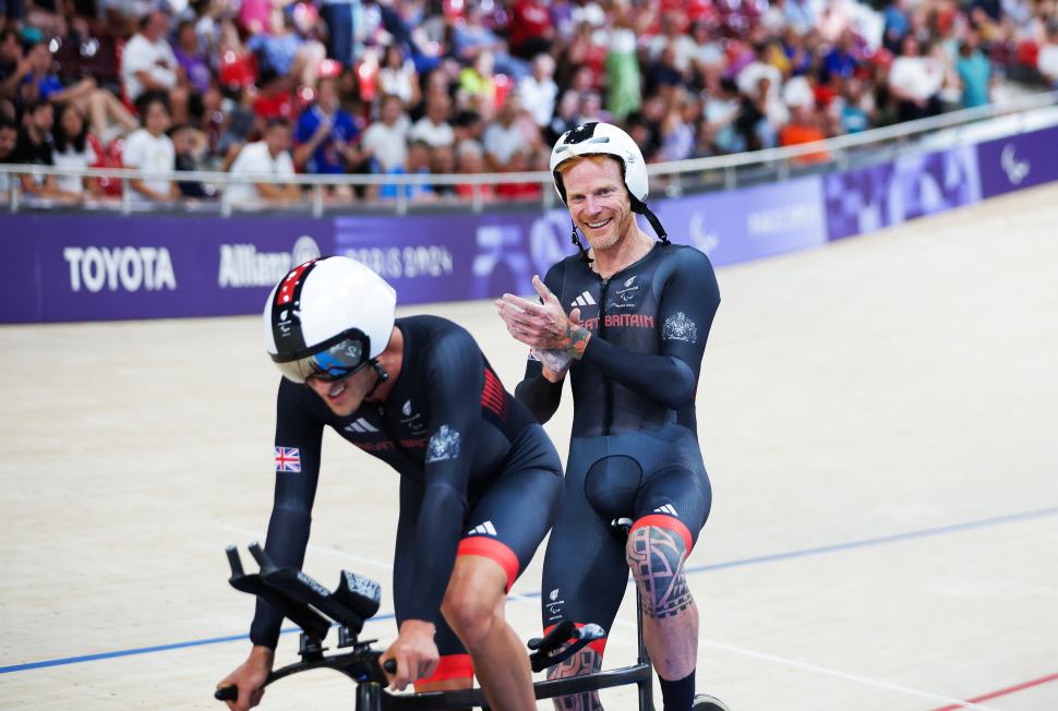 Stephen Bate piloted by Christopher Latham celebrates winning a Paralympic silver medal in the men's B 4000m Individual Pursuit (SWpix.com/Ed Sykes)