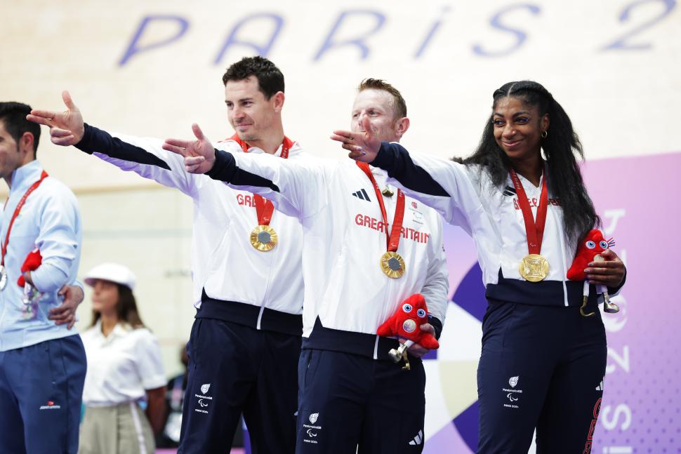 Kadeena Cox, Jaco van Gass, and Jody Cundy celebrate winning C1-5 750m Team Sprint, 2024 Paralympics (Ed Sykes/SWpix.com)