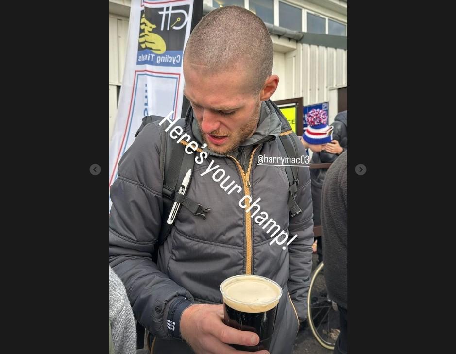 Harry MacFarlane with a Guinness after winning national hill climb championships (Instagram)