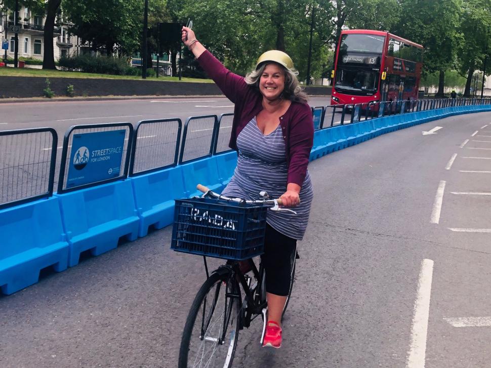 Heidi Alexander cycling in pop-up bike lane