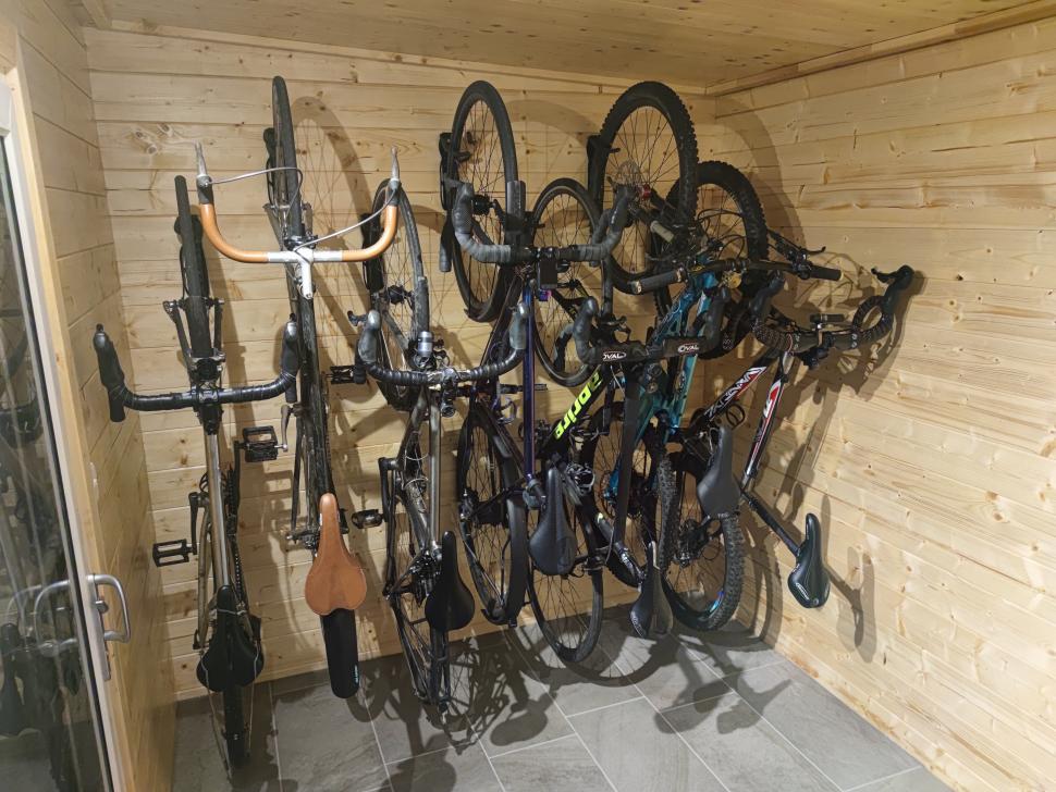 Bikes hanging in outbuilding
