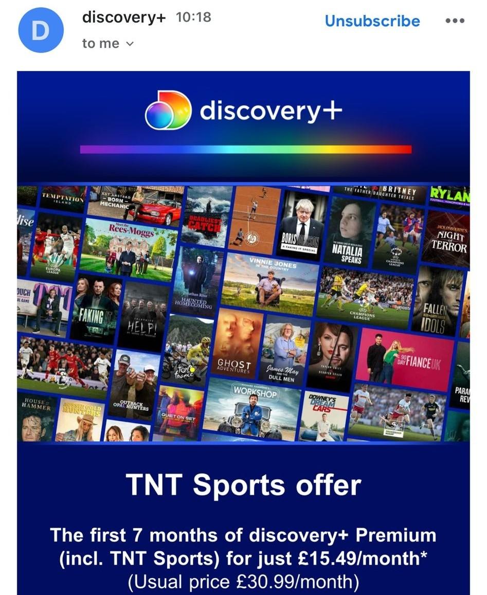 TNT Sports half price email