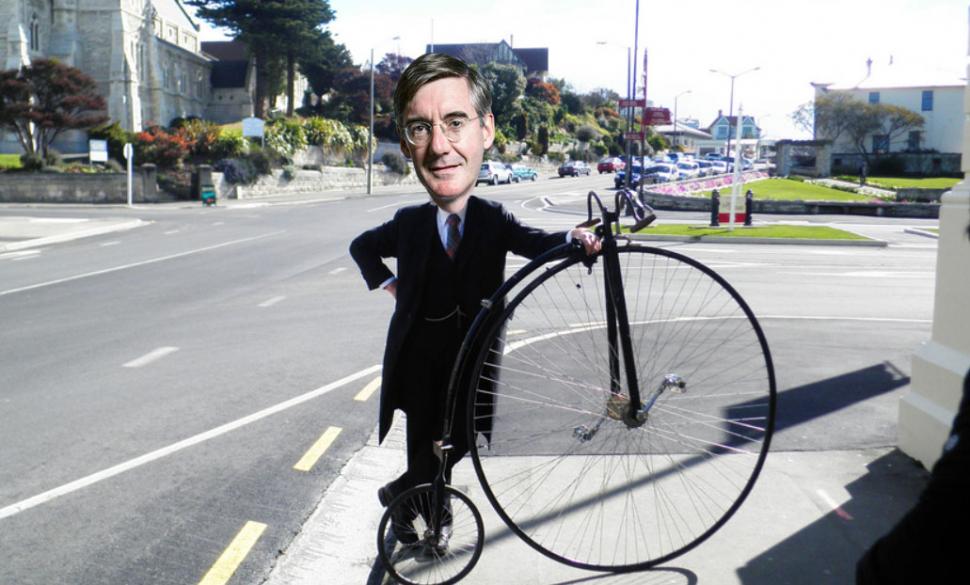 Jacob Rees-Mogg and Penny farthing (original photo licensed CC BY-SA 2.0 on Flickr by Bob Walker).jpg