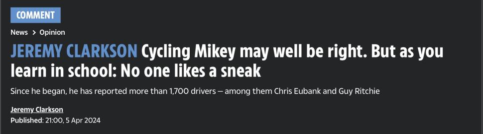 Jeremy Clarkson CyclingMikey comment piece in The Sun