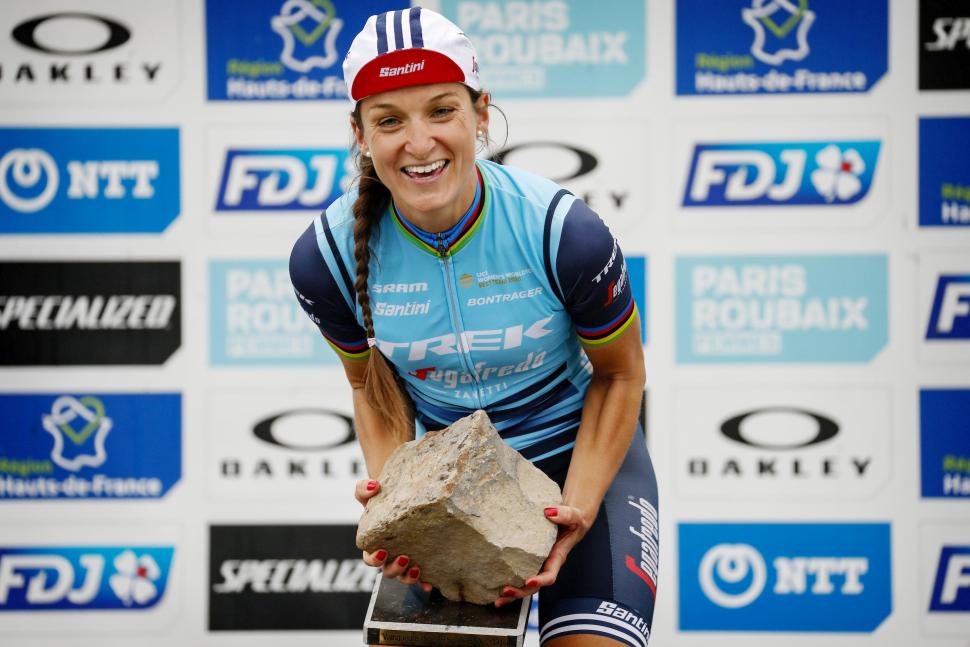Lizzie Deignan of Trek Segafredo practises for the Olympic Cobble Relay after winning Paris-Roubaix - credit Dion Kerckhoffs:CorVos:SWpix.com_.JPG