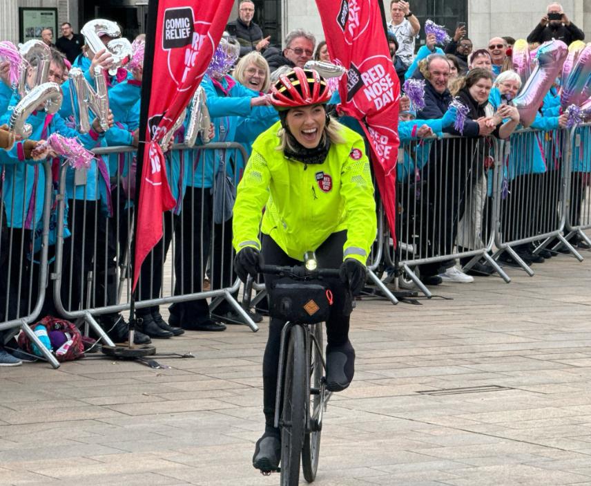 Mollie King completes 500km Comic Relief cycle, 2024 (Comic Relief)
