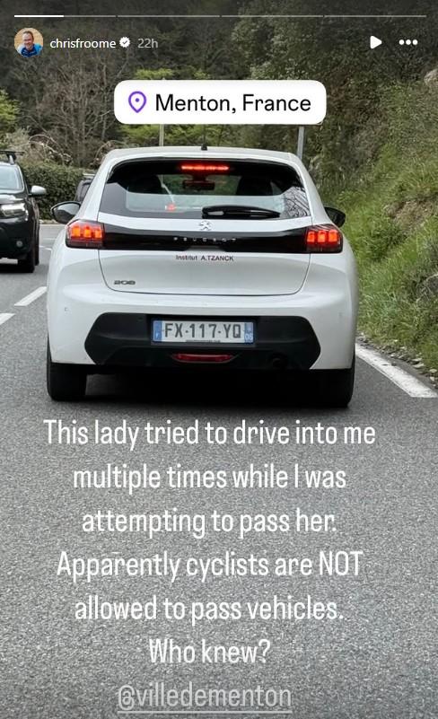 Motorist attempts to drive into Chris Froome