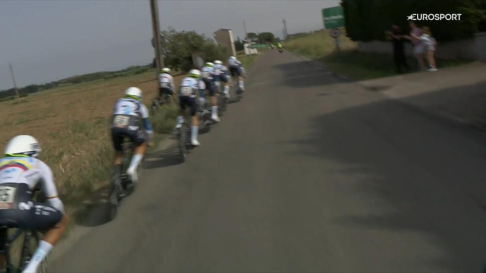 Movistar's Orluis Aular rides into field during 2025 Vuelta team time trial