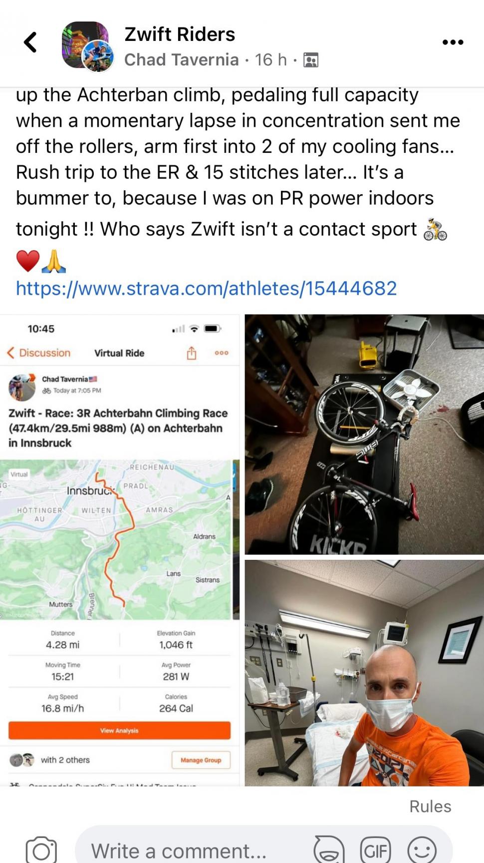 No-saddle Chad falls off bike indoors (via Zwift Riders Facebook group)
