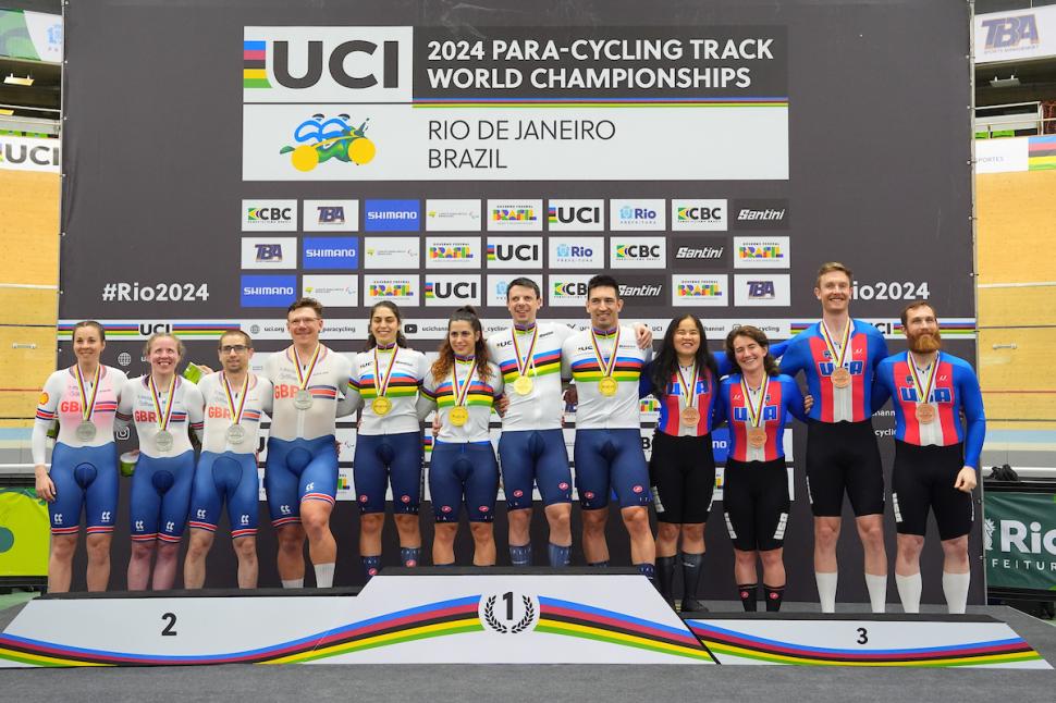 2024 UCI Para-cycling Track World Championships tandem team sprint podium (Olly Hassell/SWpix.com)