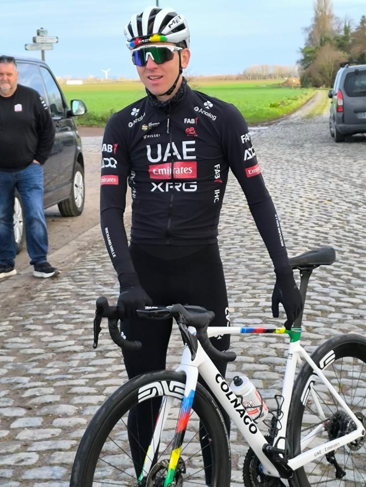 Tadej Pogačar reconning Paris-Roubaix cobbles, December 2025