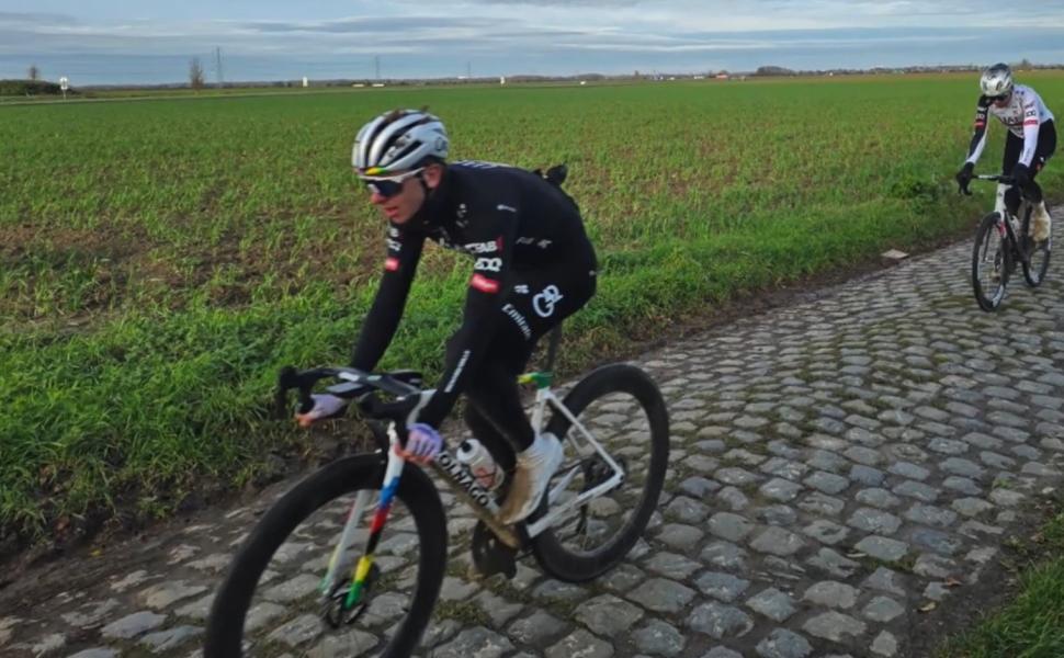 Tadej Pogačar reconning Paris-Roubaix cobbles, December 2025
