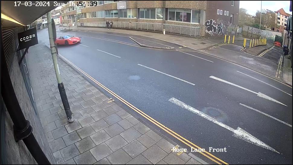Ferrari driver destroys bike rack (YouTube/Conisford Court)