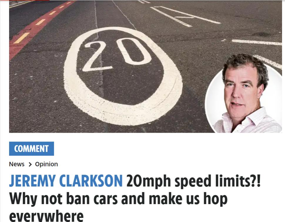 Jeremy Clarkson 20mph Sun newspaper column