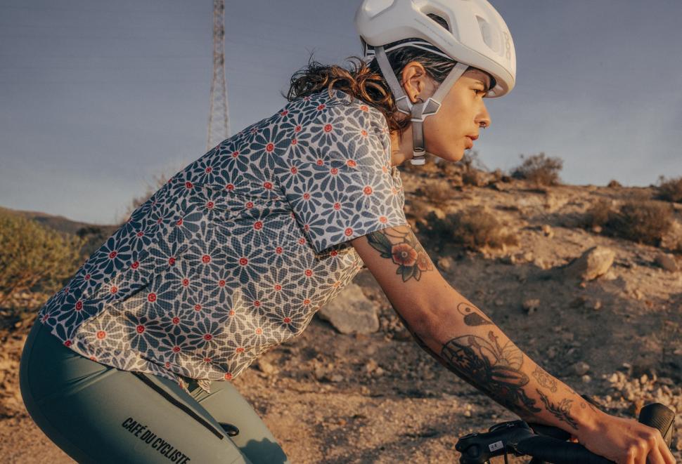 2025 Cafe du Cycliste Claudine gravel shirt riding shot