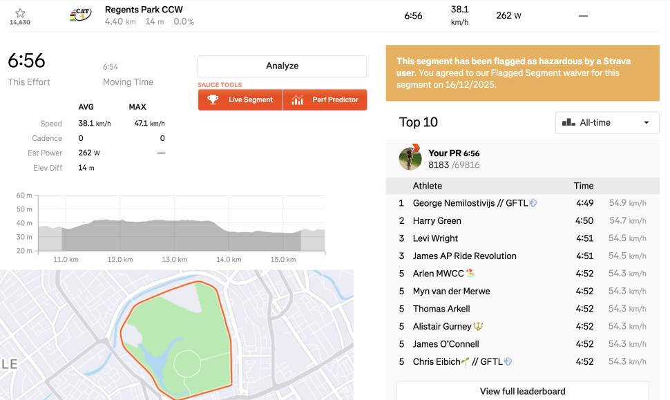 Liam's Regents Park KOM attempt