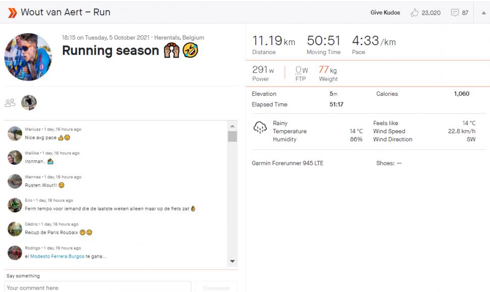 Wout van Aert running (Strava)