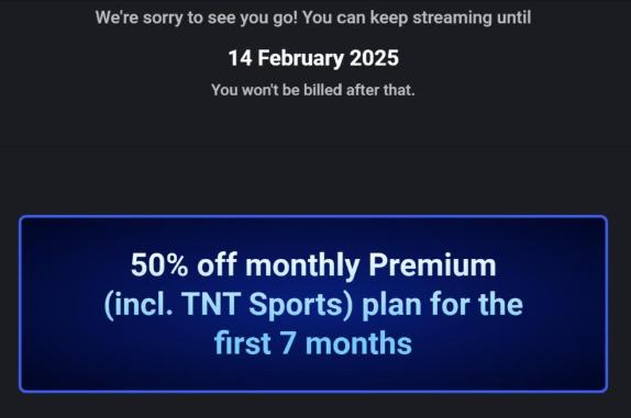 TNT Sports half price when cancelling subscription
