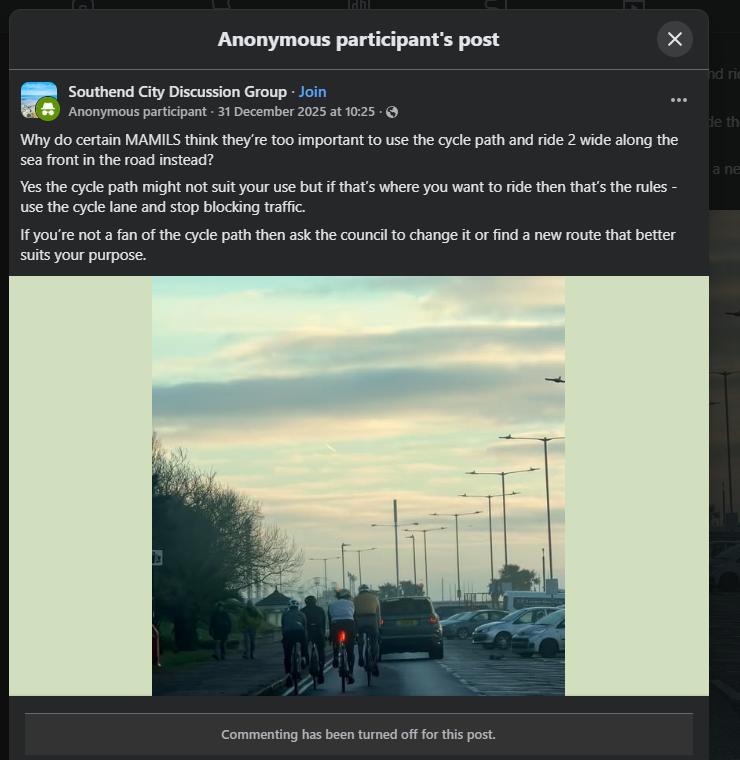 Cyclists perfectly legally riding on the road Facebook post