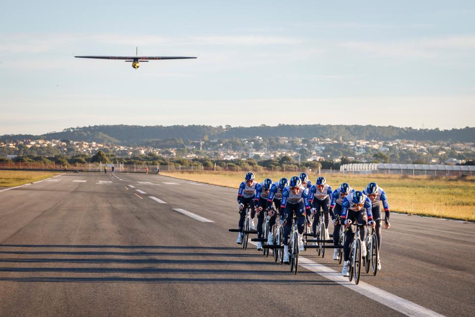 Red Bull-Bora-Hansgrohe riders launch plane during training camp